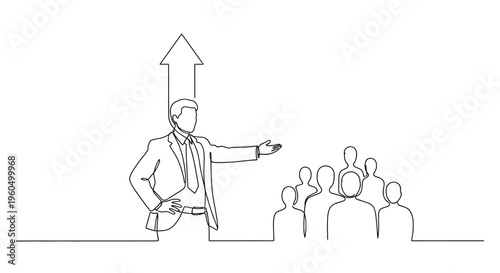 Business leader presenting growth strategy to attentive audience with upward arrow graphic
