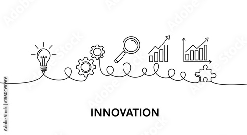 Innovation concept: lightbulb, gears, magnifying glass, charts, puzzle piece on a line