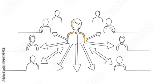 Teamwork and Leadership: Central Figure Directing Arrows to Diverse Individuals