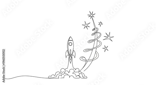 Rocket Launching into Space with Stars and Swirls - Minimalist Line Art