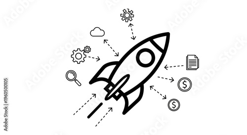 Rocket Launching with Business Icons: Startup, Growth, Finance, Technology, Strategy