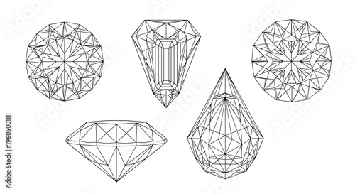 Collection of geometric diamond cut diagrams displaying various gemstone shapes including round brilliant and pear facets.