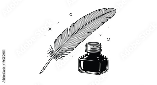 Classic quill feather pen resting beside a traditional square inkwell bottle filled with dark ink for calligraphy and writing.