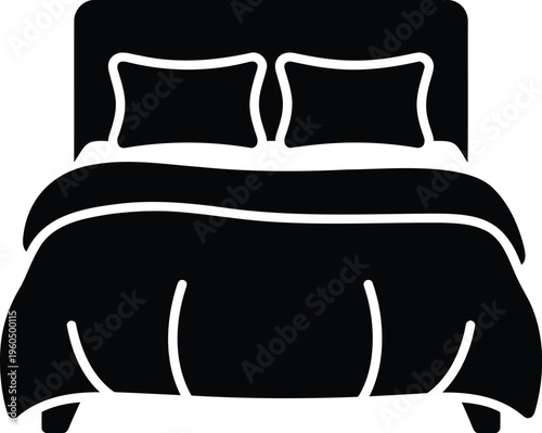 Bed with two pillows on a headboard in a simple line drawing style  modern furniture design