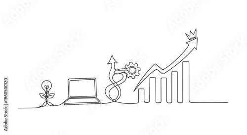 Business growth concept: idea, laptop, gears, and upward trend graph