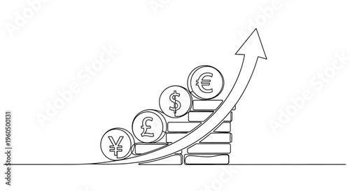 Financial Growth: Currency Symbols Stacked with Upward Arrow Graph