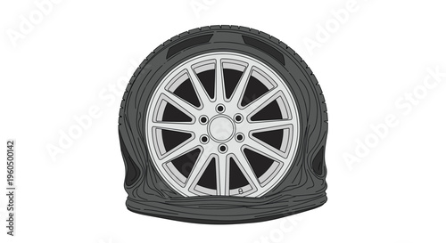 Deflated car tire sagging on a multi-spoke silver alloy wheel rim against a plain white background for automotive repair themes.