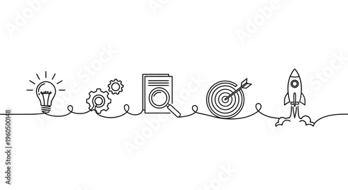 Startup business concept: idea, gears, analysis, target, and rocket launch