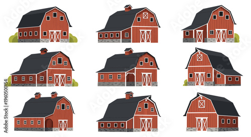 Selection of various red barn designs with dark roofs and white trim features suitable for agricultural and farm landscapes.