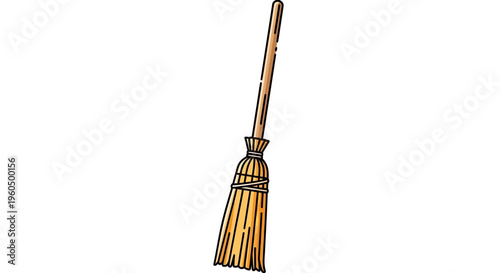 Hand-drawn illustration of a rustic wooden broom with straw bristles on a white background