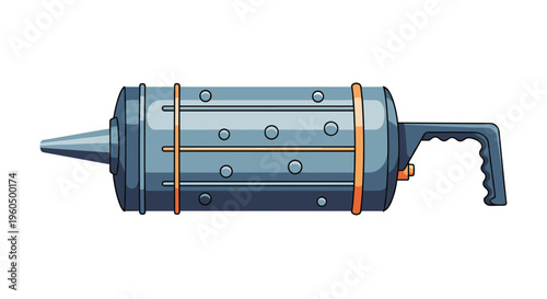 Industrial grease gun tool featuring a grey metallic cylindrical body with a black handle and a tapered nozzle applicator.