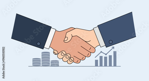 Business handshake with coins and growth chart, symbolizing partnership and success