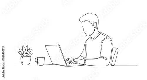 Man working on laptop, single line drawing, minimalist home office setup