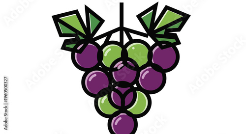 Bunch of Grapes Icon - Purple and Green Berries with Leaves, Vector Illustration