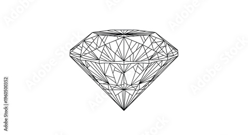 Geometric line drawing of a large diamond gemstone from a side profile perspective showcasing its complex facet structure.