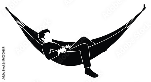 A relaxed man is seen lounging in a black hammock engrossed in a book presented as a silhouette