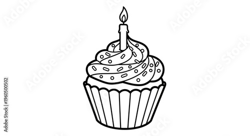 Birthday cupcake with candle and sprinkles, black and white line art illustration