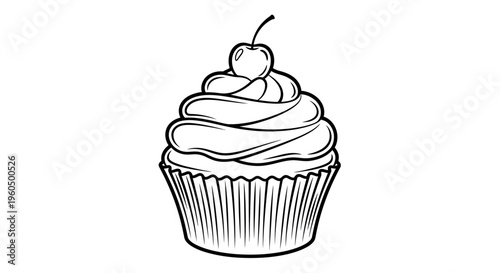 Black and White Line Art of a Delicious Cupcake with Cherry on Top