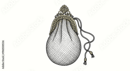 Highly decorative vintage evening bag featuring a round fabric pouch and an intricate gold-toned metal clasp with tassels.