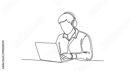 Man wearing headphones working on laptop, continuous line drawing