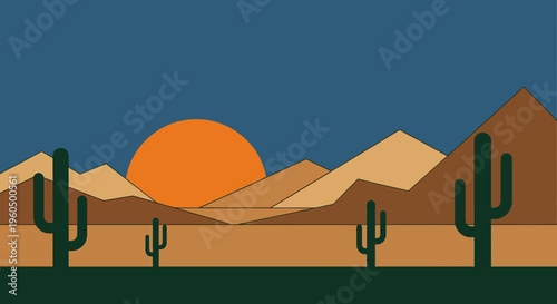 Desert Sunset Landscape with Saguaros and Mountains, Flat Design