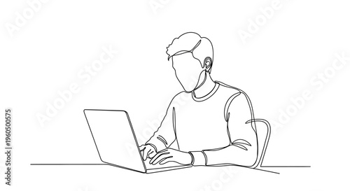 Young man typing on laptop, continuous line drawing, focused on work or study