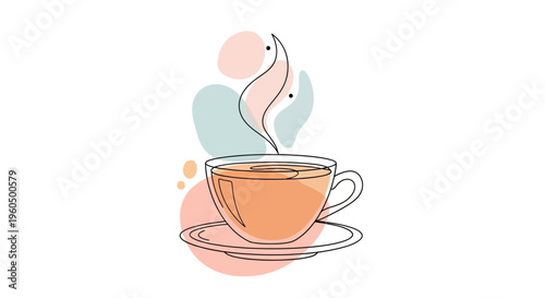 Minimalist Line Art of Steaming Tea Cup with Abstract Pastel Shapes