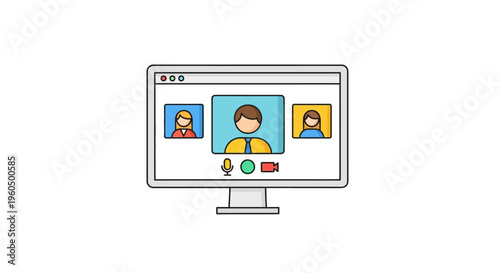 Online meeting with three people on computer screen, video conference concept