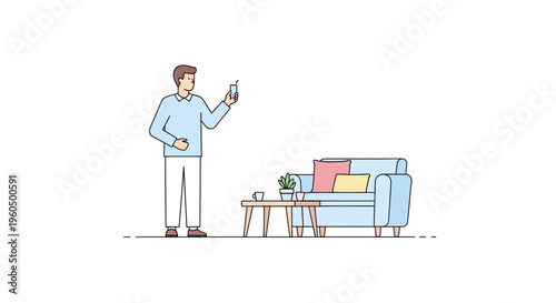 Man holding phone in modern living room with sofa and coffee table