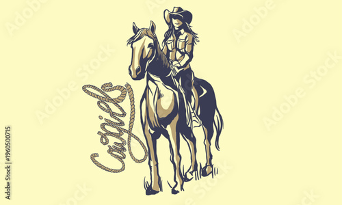 Vintage western cowgirl pinup set, stylish American retro women portraits