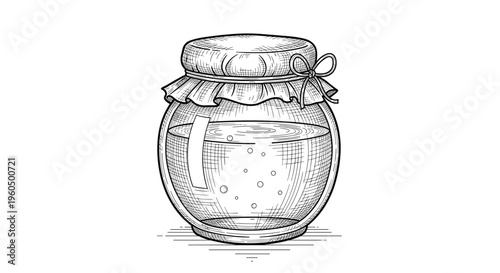 Round glass jar filled with liquid and sealed with a rustic cloth cover tied with a dainty string bow illustration.