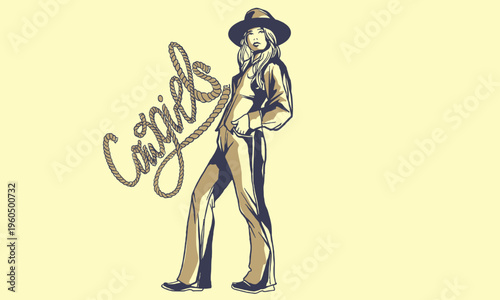 Vintage western cowgirl pinup set, stylish American retro women portraits