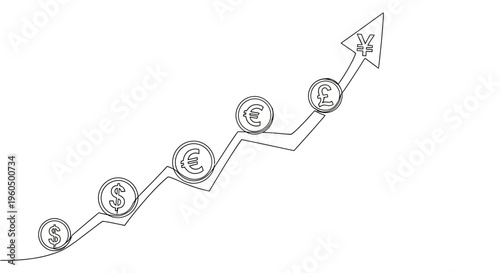 Upward Trend: Currency Symbols on Growth Arrow, Financial Success Concept