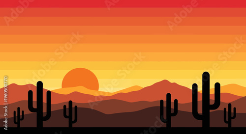 Vibrant Desert Sunset with Cacti and Mountains Silhouette