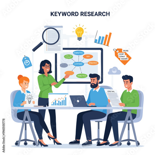 Team brainstorms marketing strategy, analyzing data with charts and keywords