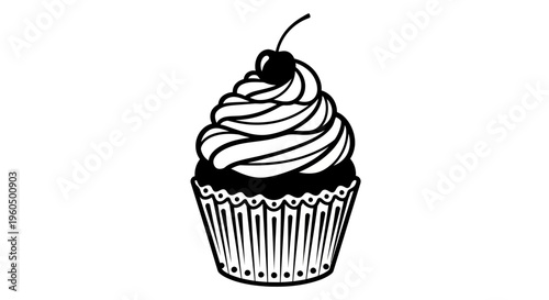 Black and White Cupcake with Cherry on Top - Minimalist Design