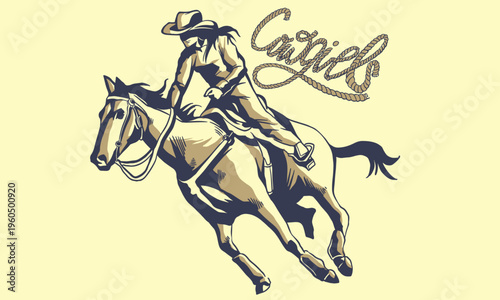 Vintage western cowgirl pinup set, stylish American retro women portraits