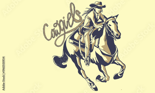 Vintage western cowgirl pinup set, stylish American retro women portraits