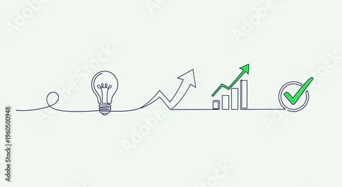 Business growth concept: idea to success, lightbulb, arrow graph, check mark