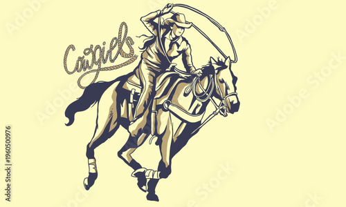 Vintage western cowgirl pinup set, stylish American retro women portraits