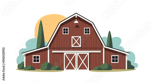 Picturesque large red wooden barn situated in a rural landscape with tall cypress trees and a warm golden sunset glow.