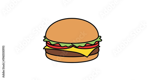 Delicious Hamburger with Cheese, Lettuce, and Tomato - Simple Cartoon Style
