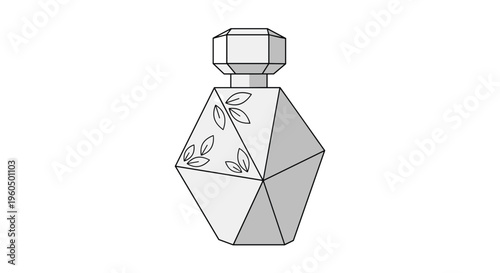 Elegant glass perfume bottle with a geometric faceted shape and delicate leaf patterns is shown in a grayscale line art illustration style.