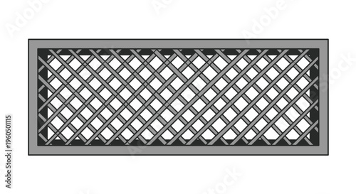 Rectangular metal vent cover or drain grille with a diamond mesh pattern is depicted in a simple gray and black technical illustration.