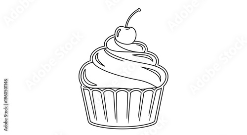 Cupcake Outline with Cherry on Top, Simple Line Art Drawing