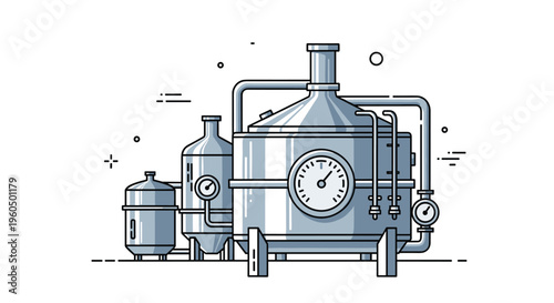 Large industrial brewery system with stainless steel tanks, pipes, and gauges is shown in a detailed blue and gray technical illustration.