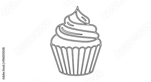 Simple cupcake line art icon, minimalist dessert illustration, black and white outline drawing