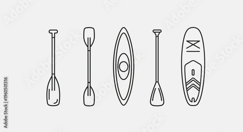 Stand Up Paddleboard, Kayak, and Paddles Line Art Icons