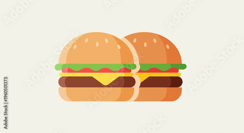 Two delicious burgers with cheese and lettuce on a light background, flat design illustration