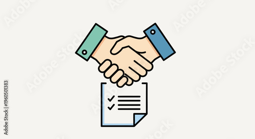 Business handshake over contract document with checklist, agreement, partnership, success